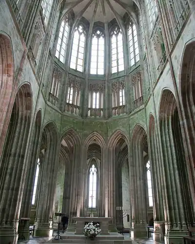 interior of the abbey Mount Saint-Michel Abbey on a rocky tidal island off the north coast of France in the Manche department. Famous landmark of France and listed in the Unesco World Heritage site