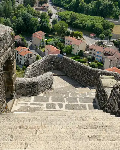 View looking down on the stairs leading to the Saint-Michel chapel at the top of the Aiguilhe rock near Le Puy-en-Velay