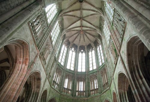 interior of the abbey Mount Saint-Michel Abbey on a rocky tidal island off the north coast of France in the Manche department. Famous landmark of France and listed in the Unesco World Heritage site